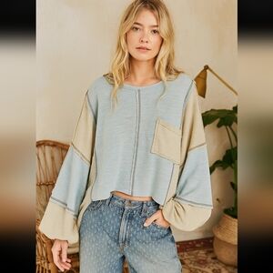 POL Round Neck Contrast Stitching High-Low Long Sleeve T-shirt Blue S,M,L NWT$74